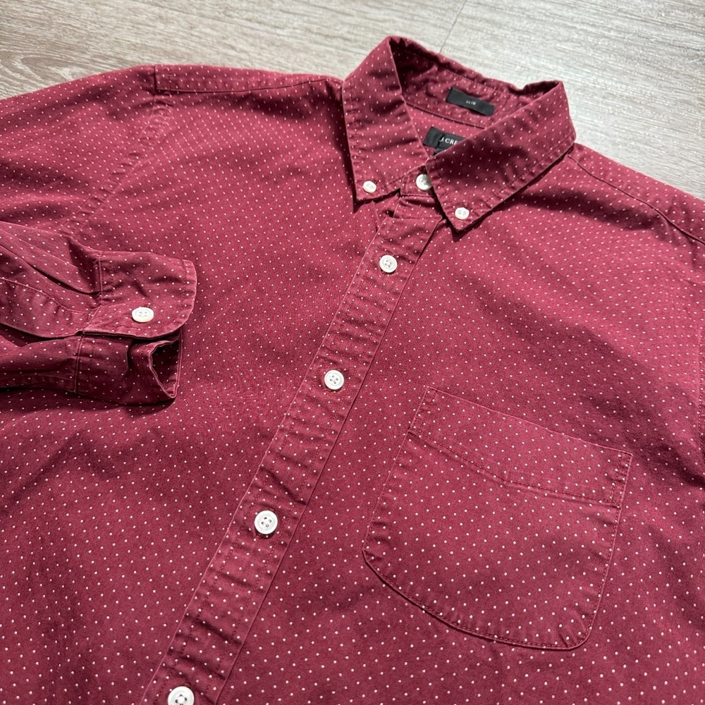 J Crew Shirt Mens Medium Maroon Polkadot Slim Long Sleeve Button UP 100% Cotton